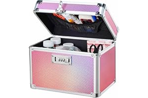 Adazzo Lockable Medicine Storage Box - Shiny Pink Cabinet Med Lock Organizer, 10 x 7 x 9 Inches Safe Case with Combination Lock for Home, Dorm, Office, or Travel