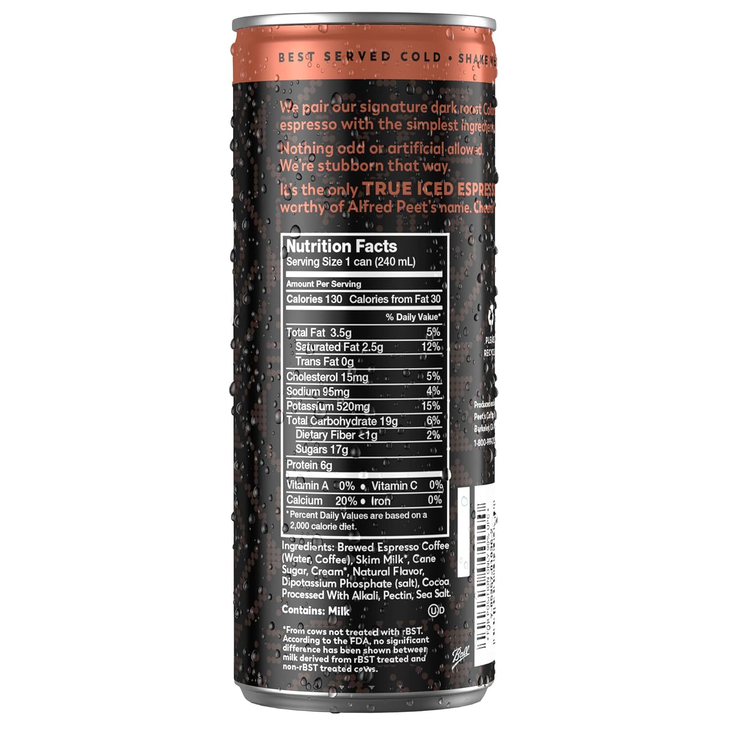 Peet's Iced Espresso Mocha 8oz, Single Origin Colombian Espresso + Milk and Cane Sugar, 110 calories, 12 pack : Grocery & Gourmet Food