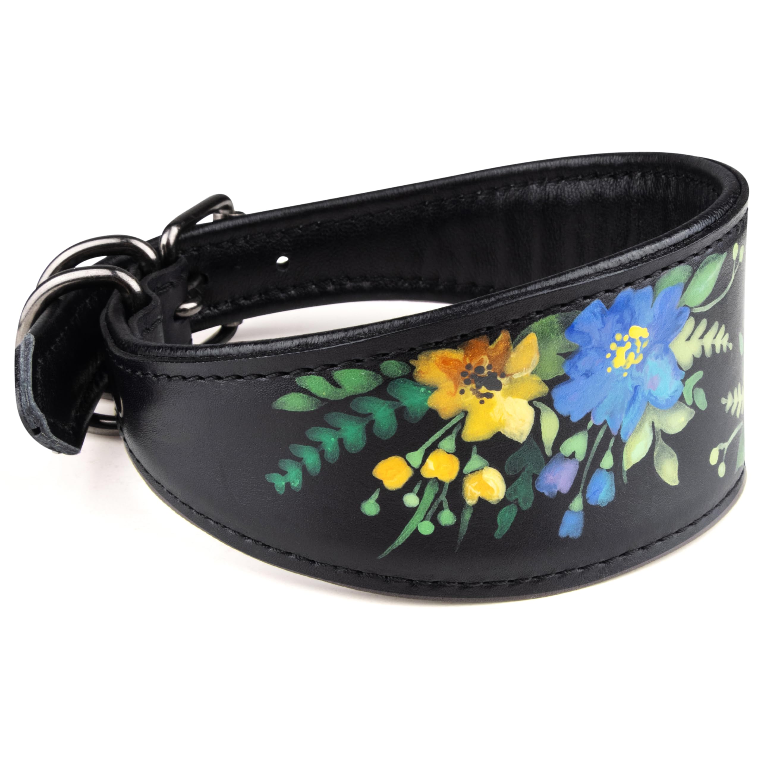 FAVPET Hand Painted Sighthound Leather Collar with ID Tag QR for Whippet Italian Greyhound Saluki Borzoi Lurcher Spanish Galgo Azawak Afghan Hound, Handmade Dog Collar Leather (Blue poppies, L)