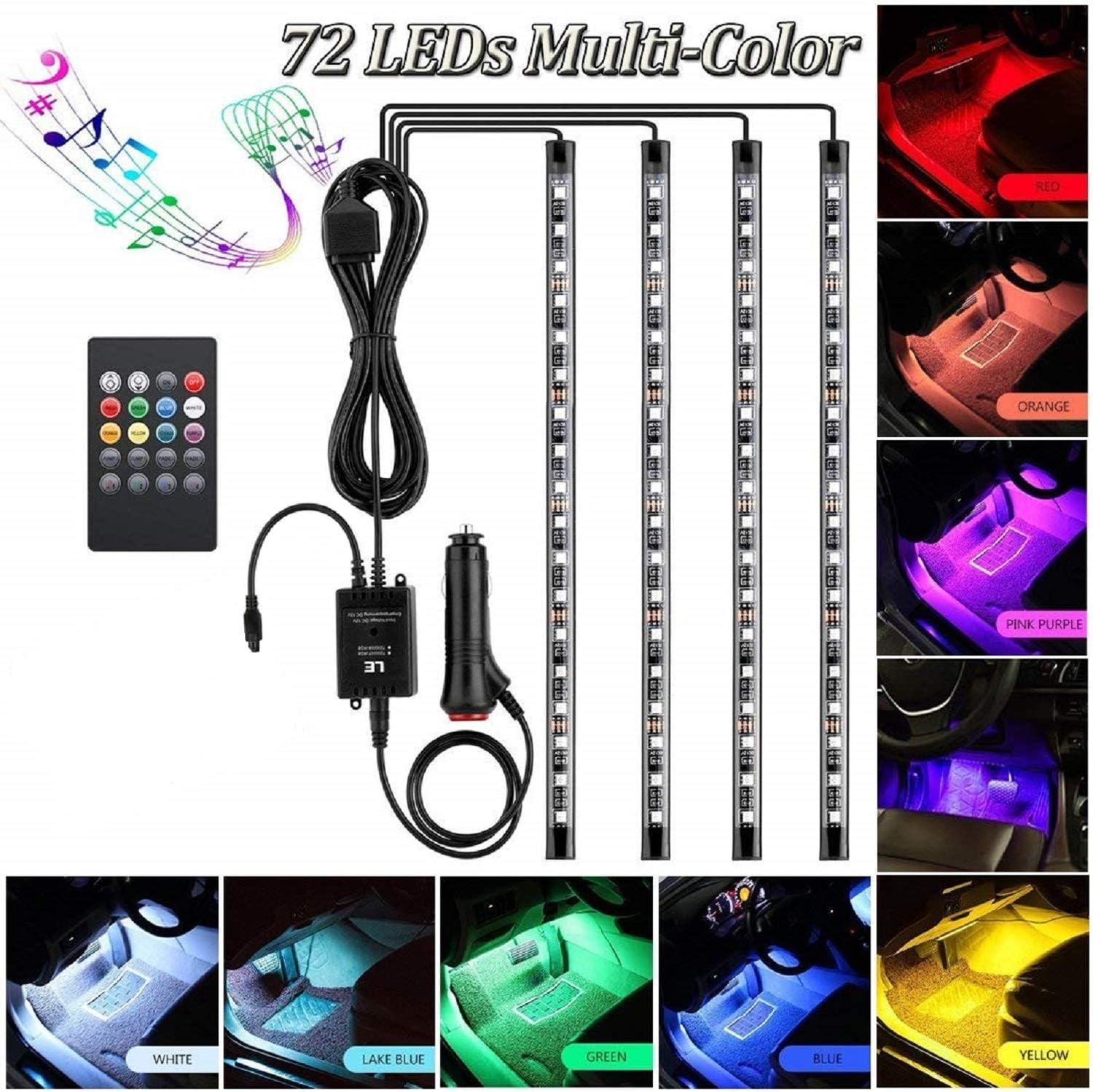 HOCOLO Car LED Strip Light, 4pcs 72 LED DC 12V Multicolor Music Car Interior Light LED Under Dash Lighting Kit with Sound Active Function and Wireless Remote Control, Car Charger Included (72 LEDs)