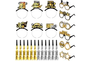 Crowye 24 Pcs New Years Eve Party Supply 2026, Black Silver and Gold Happy New Year Headband Eyeglasses Metallic Noise Makers