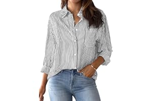 AISEW Womens Button Down Shirts Striped Classic Long Sleeve Collared Office Work Blouses Tops with Pocket