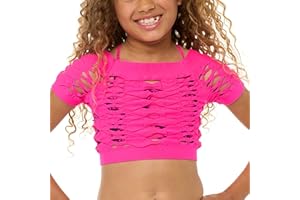 Malibu Sugar Girls Neon Shirts - Fishnet Crop Top Short Sleeve Sheer See Through Mesh Tops Shirt for Dance (Fits Ages 7-10)