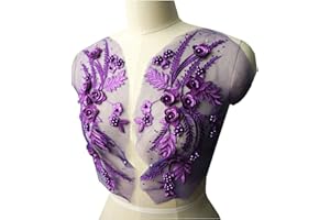 MUMAYA Lace Fabric 3D Flower Patches Tassel Beads Rhinestone Embroidered Wedding Gown Appliques Sew Patch for Dress DIY Decor 2 Pcs (Purple)
