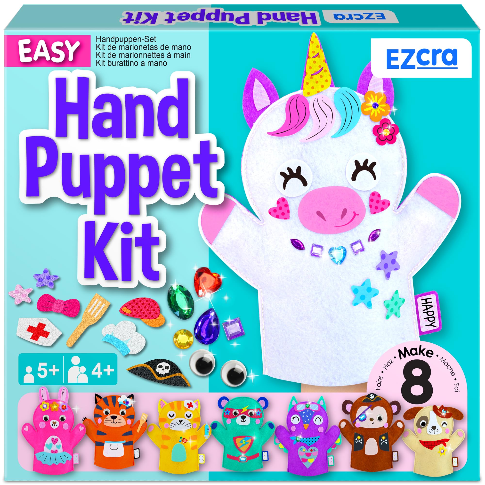 EZCRA Hand Puppet Making Kit for Kids Ages 5-8, Unicorn DIY Felt Craft Set with 8 Projects, No-Mess Creative Activity, Educational Toy & Stickers for Girls & Boys