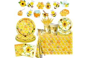 GREHUMOR 142pcs Bee Party Decorations Tableware-Bumble Bee Themed Party Supplies Happy Honey Bee Disposable Banner,Tablecloth,Plates,Napkins,Cups,Gender Reveal Baby Shower Birthday Party Decorations