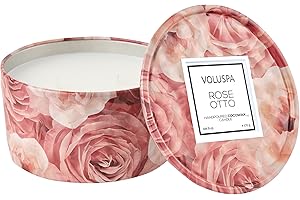 Voluspa Rose Otto, 3 Wick Tin Candle, 6 Ounce, 25 Hour Burn Time, All Natural Wicks and Coconut Wax for Clean Burning, Vegan, Poured in The USA