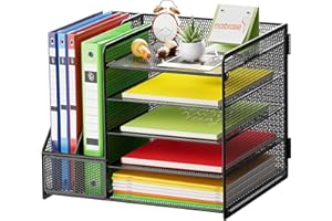 Marbrasse Desk Organizer with File Holder, 5-Tier Paper Letter Tray Organizer, Mesh Desk Organizers and Accessories with Magazine Holder, Desktop Storage for Office Supplies (Black)