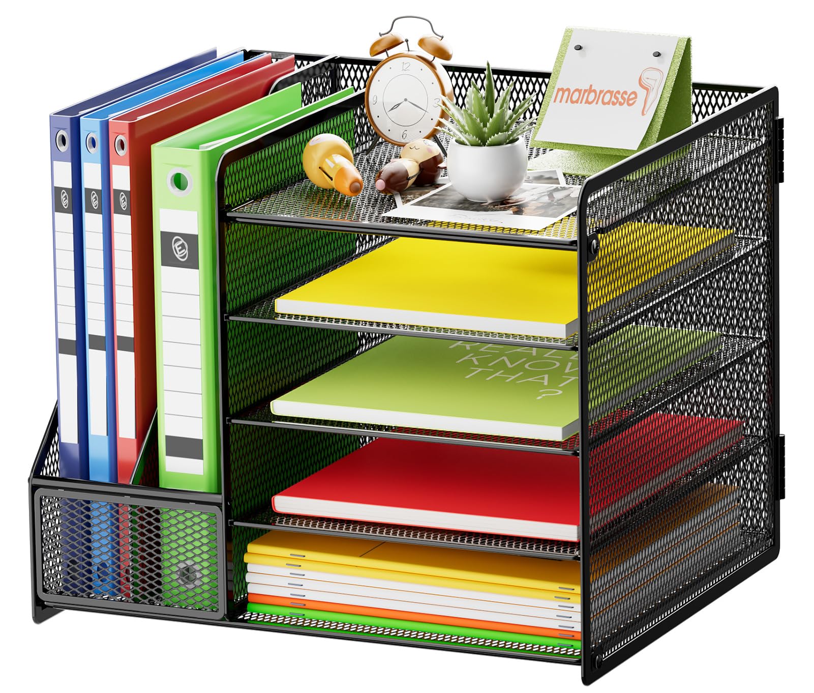 Photo 1 of Marbrasse Desk Organizer with File Holder, 5-Tier Paper Letter Tray Organizer, Mesh Desk Organizers and Accessories with Magazine Holder, Desktop Storage for Office Supplies (Black)