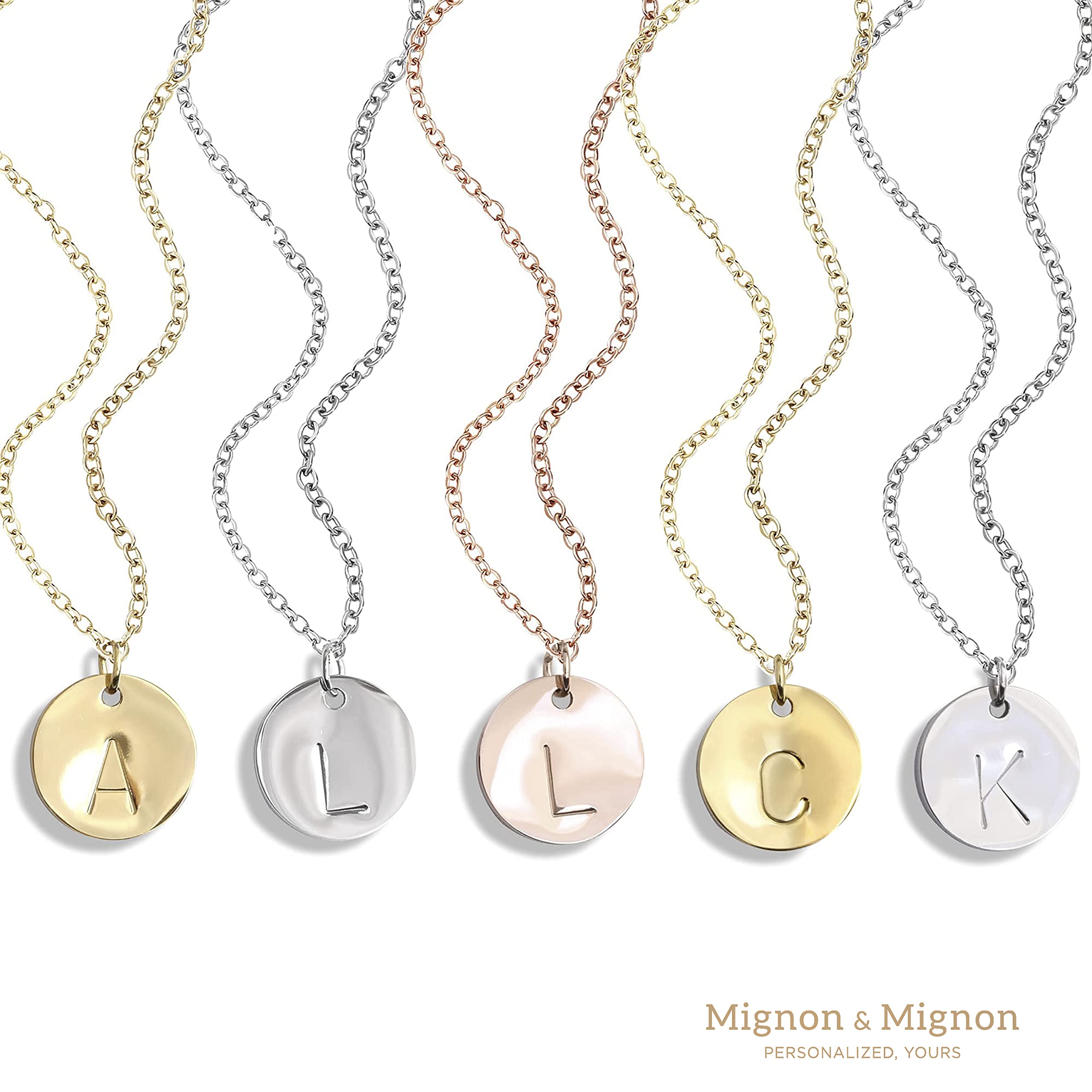 MignonandMignon Delicate Initial Disc Mothers Day Jewelry Gift Rose Gold, Silver Necklaces for Women Best Friend Personalized Bridesmaids Dainty Custom Charm Pendant - CN