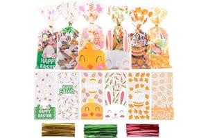 VEYLIN 120Pcs Easter Cellophane Goodie Bags, Plastic Easter Treat Bags Candy Cookie Bags with 150pcs Twist Ties 5” x 11”