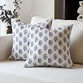 DOMVITUS Set of 2 Floral Pillow Covers 18x18, Block Print Pillow Covers Vintage Neutral Decorative Farmhouse Throw Pillow Covers for Couch Bed Living Room Dusty Blue