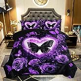 QOOMO 3Pcs Purple Butterfly Comforter Set Twin,Purple Rose Bedding Set for Teens Boys Girls,Butterflies Printed Comforter with 2 Pillowcases,Down Alternative,Soft and Lightweight