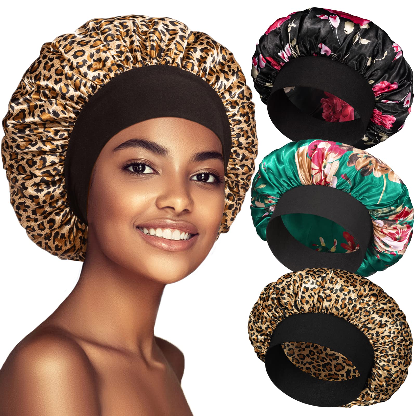 Photo 1 of 3 Pack Satin Bonnet Silk Hair Bonnet for Sleeping, Sleep Bonnets for Women Large Wide Soft Band Sleep Cap for Curly Hair Braids