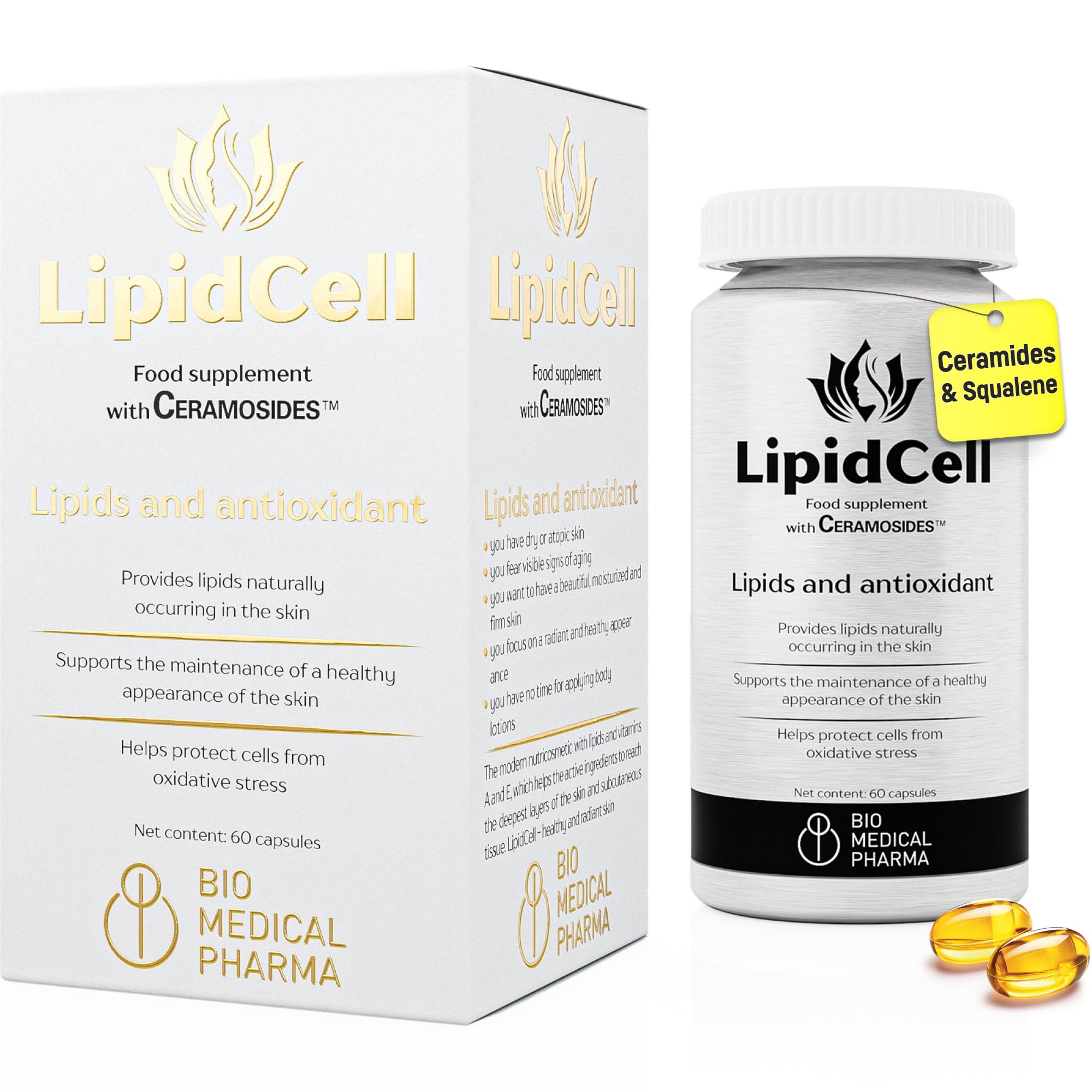 Squalene & Ceramides with Vitamins A & E – Skin Hydration and Anti-Aging Support – Hydrolipidic Barrier Restoration – LipidCell (60 Capsules)