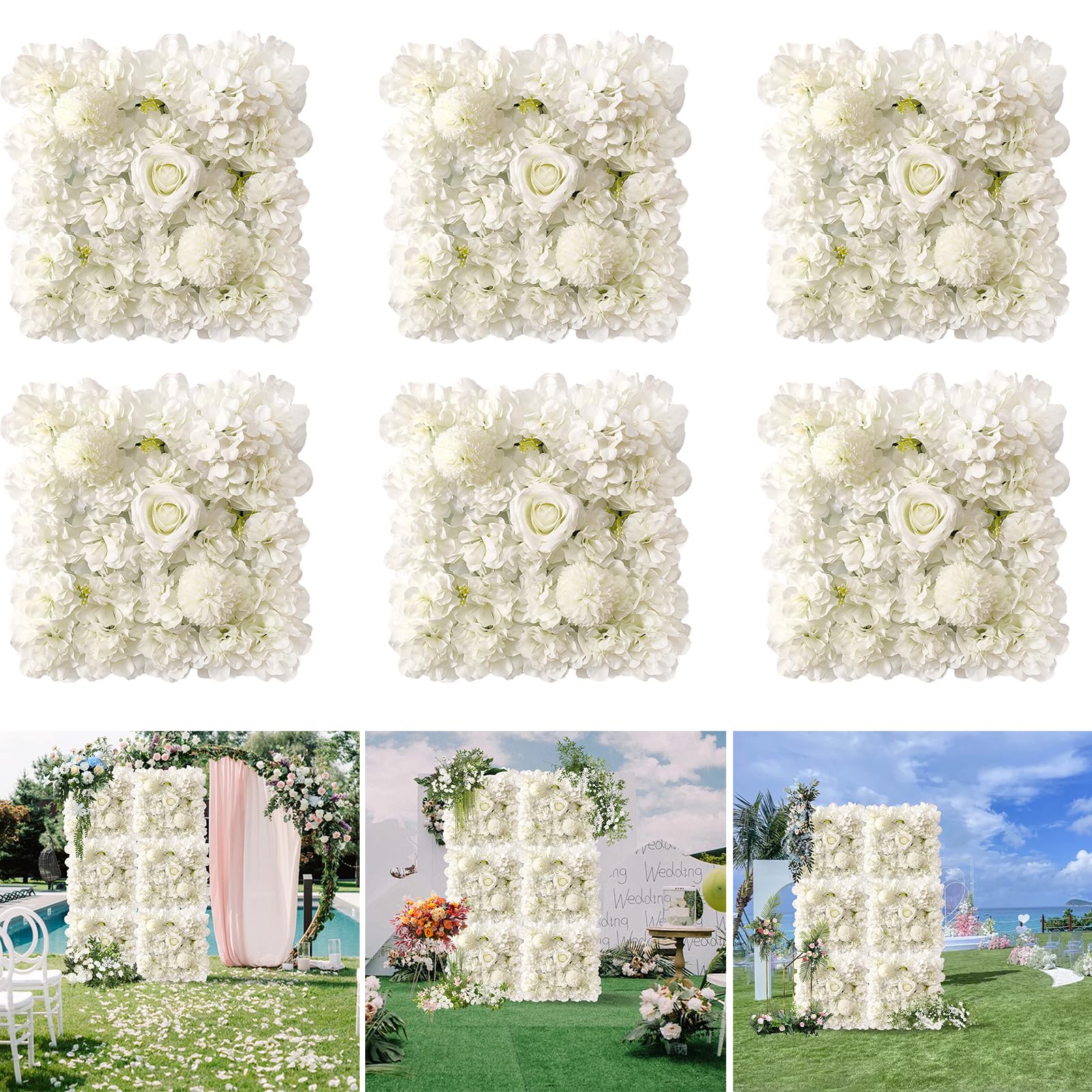 Photo 1 of HUATOL 6 Pcs Flower Wall Panels 15 x 15 Inch 3D Silk Rose Floral Wall Decorative Faux Flower Wall Background for Wedding Home Party Background Shop Party Photo Arrangement, White