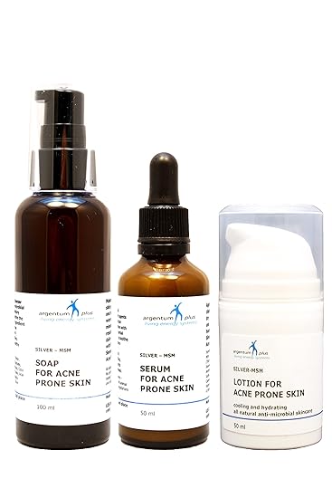Silber-MSM Akne Rundum Pflege Set - Akne Serum 50 ml + Akne Seife 100 ml + Akne Lotion 50 ml