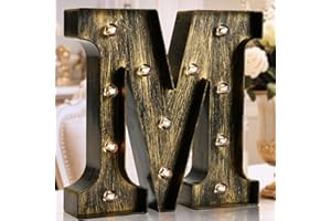 OYCBUZO Golden Black Led Marquee Letter - Industrial, Vintage Style Light Up Alphabet Letter Sign for Cafe Wedding Birthday Party Christmas Lamp Home Bar Initials Decor - M