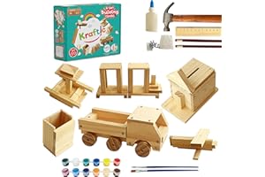 Kraftic Woodworking Building Kit for Kids and Adults, with 6 Educational Arts and Crafts DIY Carpentry Construction Wood Model Kit Toy Projects for Boys and Girls