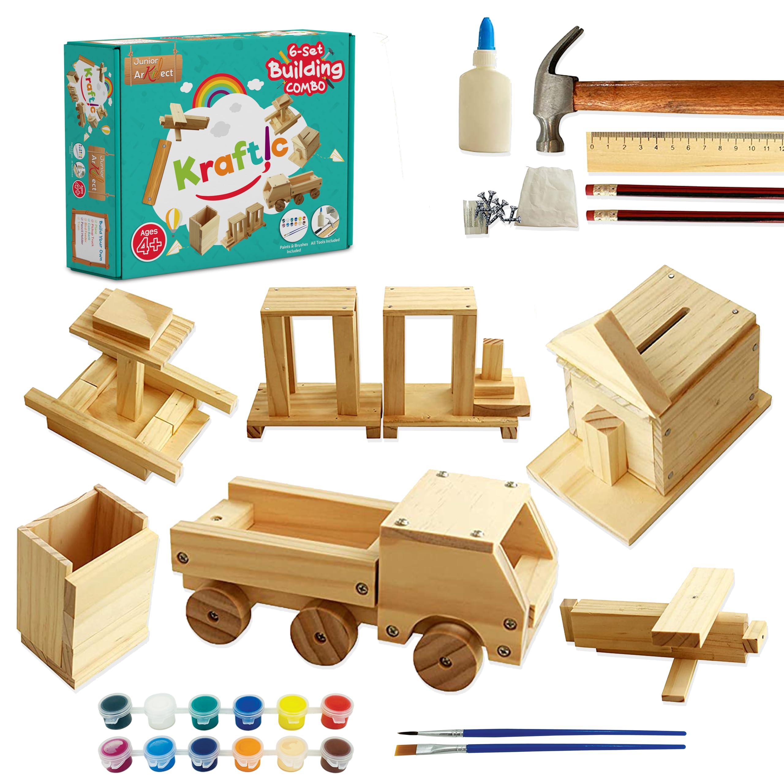 Photo 1 of Kraftic Woodworking Building Kit for Kids and Adults, with 6 Educational Arts and Crafts DIY Carpentry Construction Wood Model Kit Toy Projects for Boys and Girls