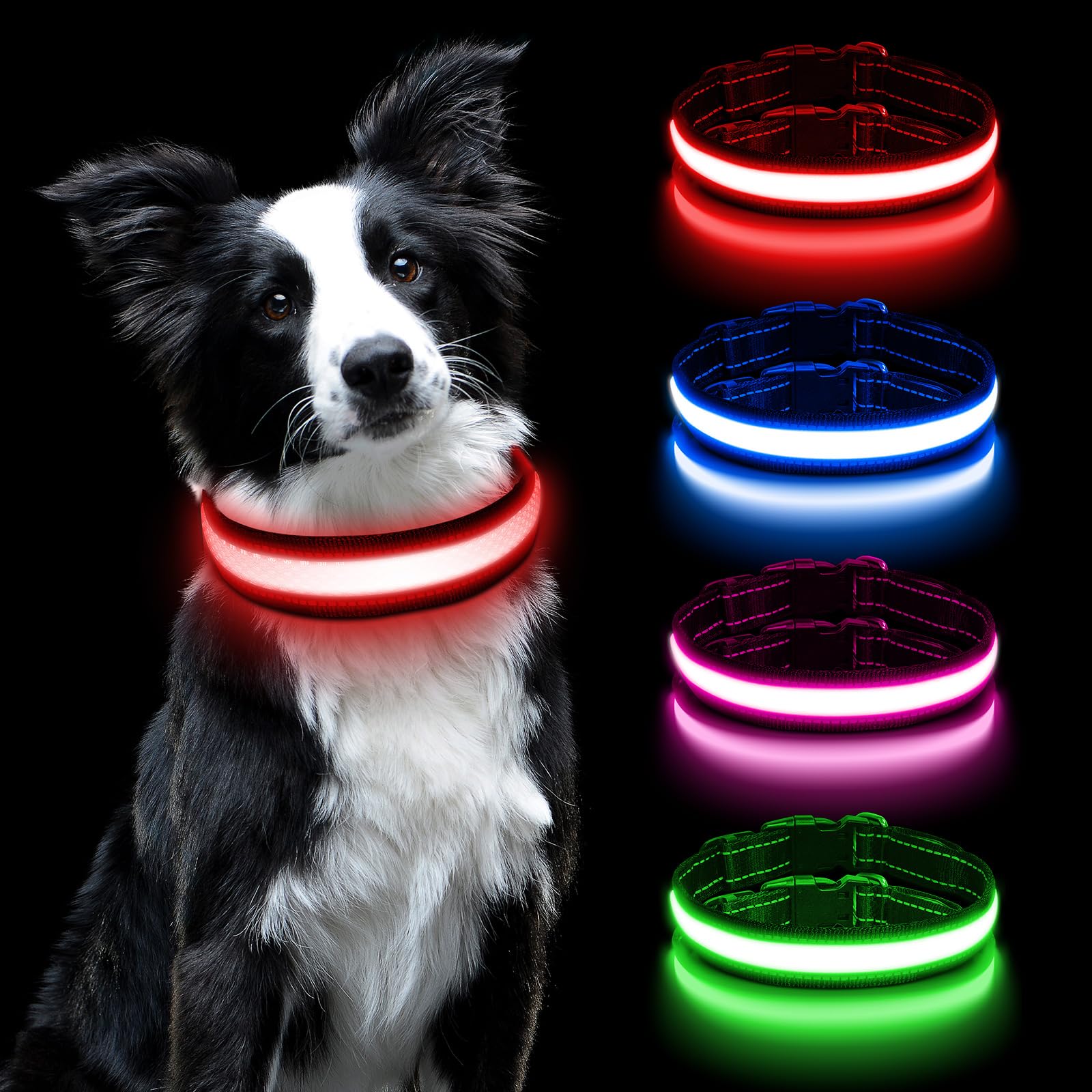AUAUY Light Up Dog Collar, LED Dog Collar Light USB Rechargeable, Waterproof Flashing Adjustable Glowing Super Bright Dog Light Up Collar with 3 Glowing Modes for Medium Dogs-Red