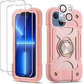 Cookiver for iPhone 14 Case/iPhone 13 Case 6.1 Inch with Ring Stand, with 2 Pack Glass Screen Protector + 1 Pack Camera Lens Protector,Heavy-Duty Shockproof Military Grade Rugged Cover (Pink)