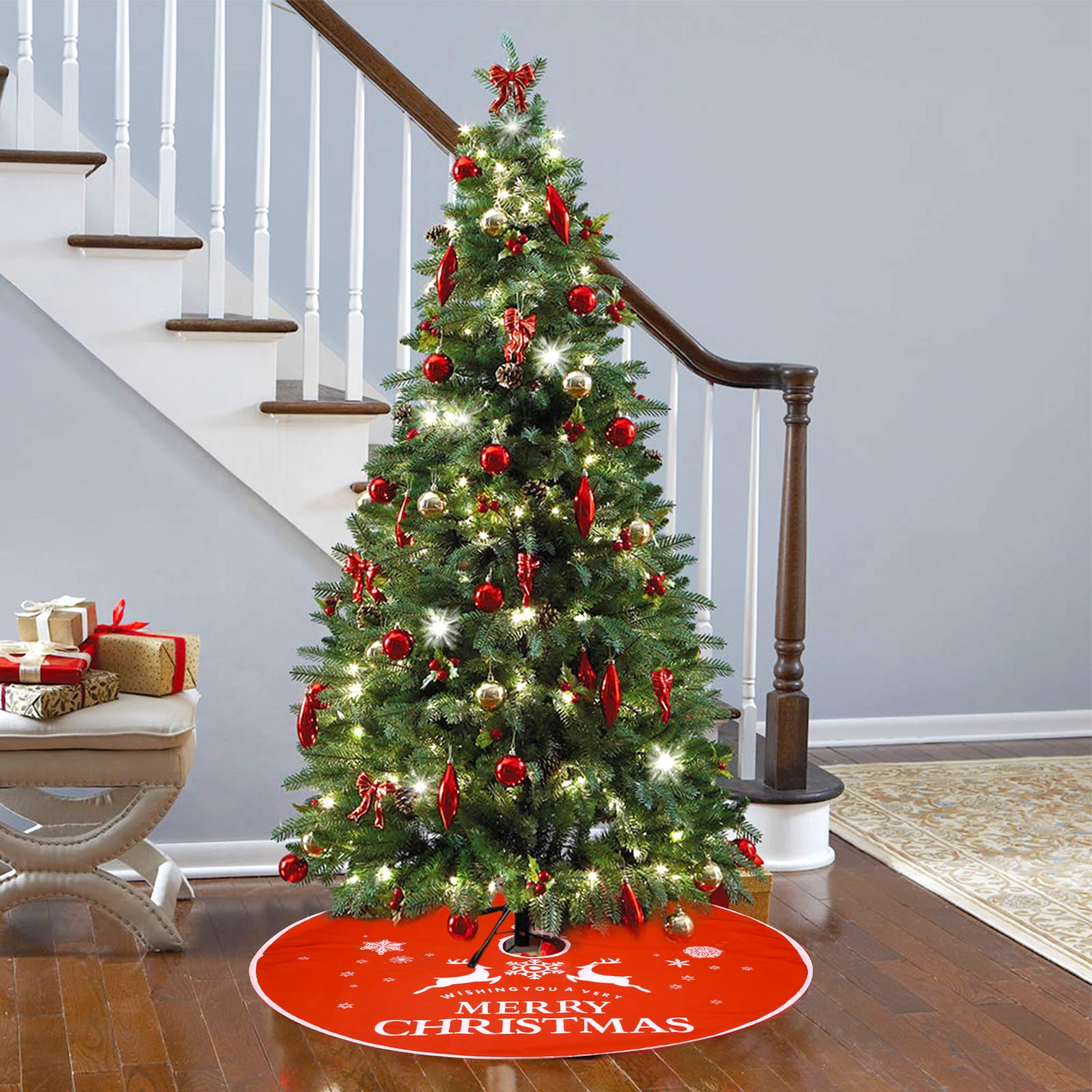 Voilamart Weihnachtsbaumdecke 120cm Weihnachtsbaum Rock Weihnachtsbaum Decke Deko,runde Baumdecke Tannenbaum Tannenbaum-Unterlage mit Weihnachtsmotiv - rot