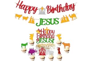 LEVVCIRKI 27 PCS Happy Birthday Jesus Decorations Christmas Jesus Banner Nativity Cake Cupcake Topper Christian Winter Merry Christmas Holy Cross Bell Jesus's Bday Party Supplies