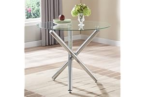 BACYION Round Glass Dining Room Table for 2 to 4 Person -with Tempered Glass Top, Sturdy Chrome Legs, 35.4" Inch Modern Circle Leisure Table for Dinner Apartment, Kitchen, Small Spaces
