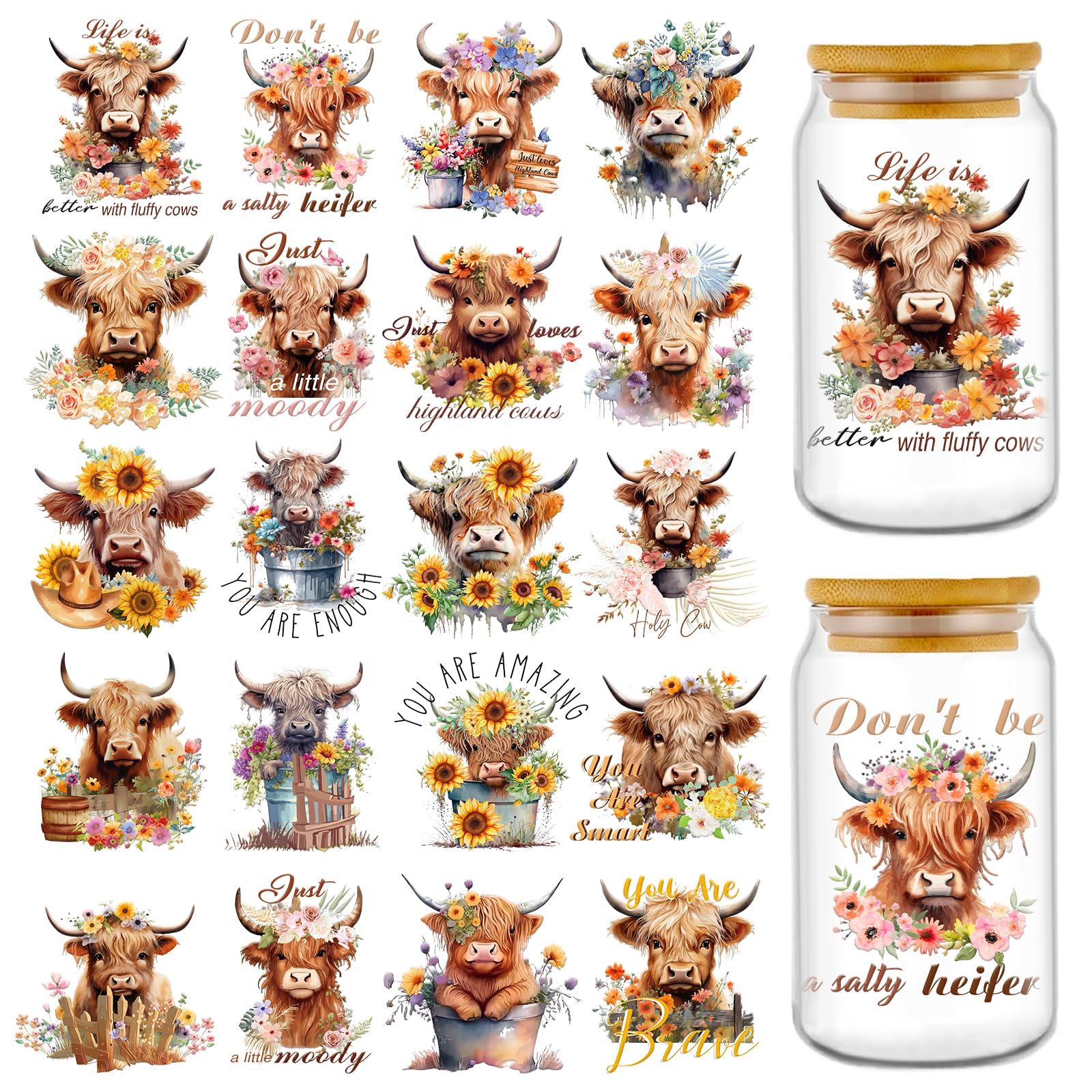 Highland Cow Rub on Transfers Stickers - Luvart 20PCS Cute Farmhouse Animal UV DTF Cup Wrap for 11oz Mug Sunflower Inspirational Quotes UV DTF Cup Wrap Transfers Stickers for Glass Cups DIY Crafts