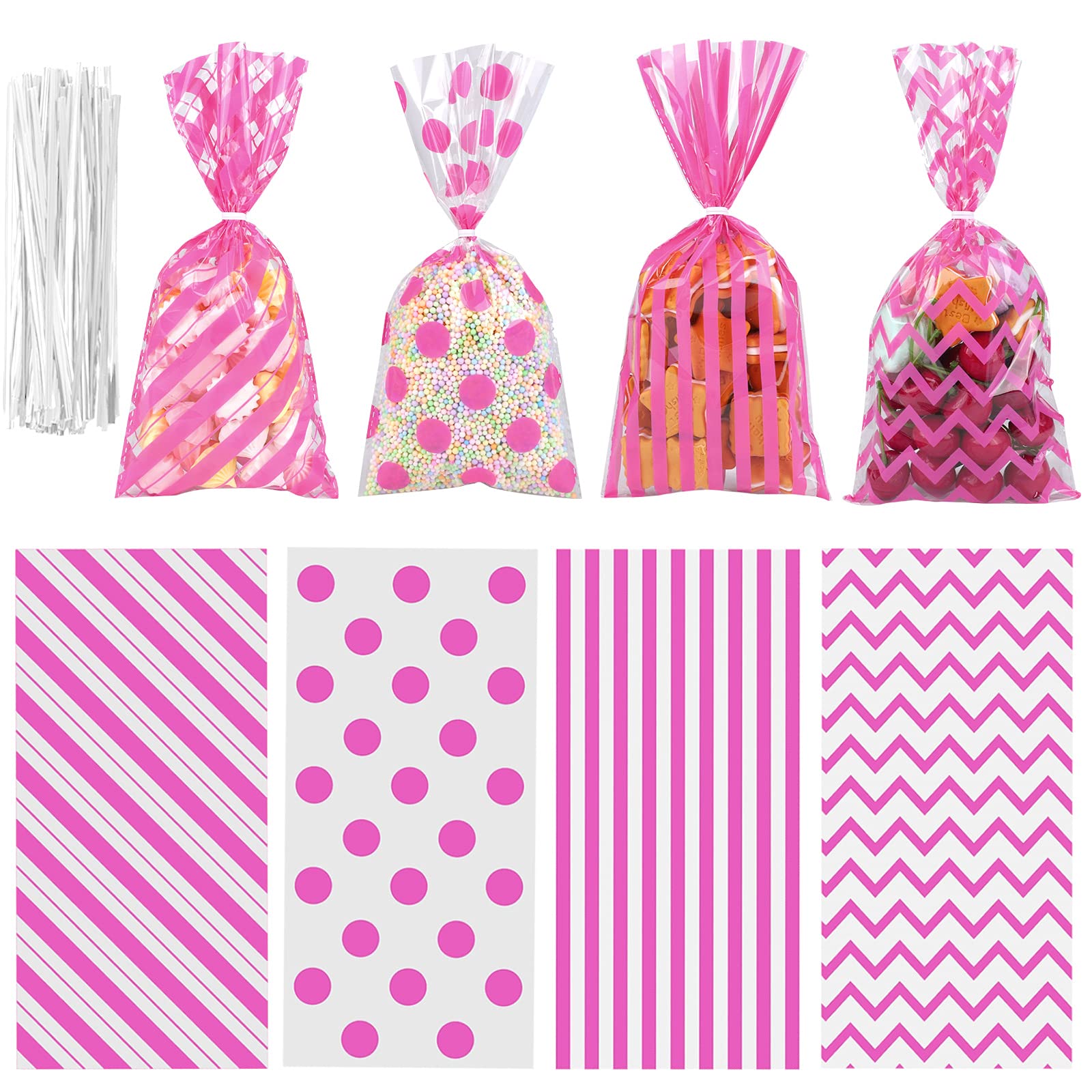 ANECO 100 Pack Pink Cellophane Bags Plastic Candy Bags Gift Bags Goodie Bags with Twist Ties for Valentine, Birthday, Gift Cookie Snack Packing Party Favor Supplies