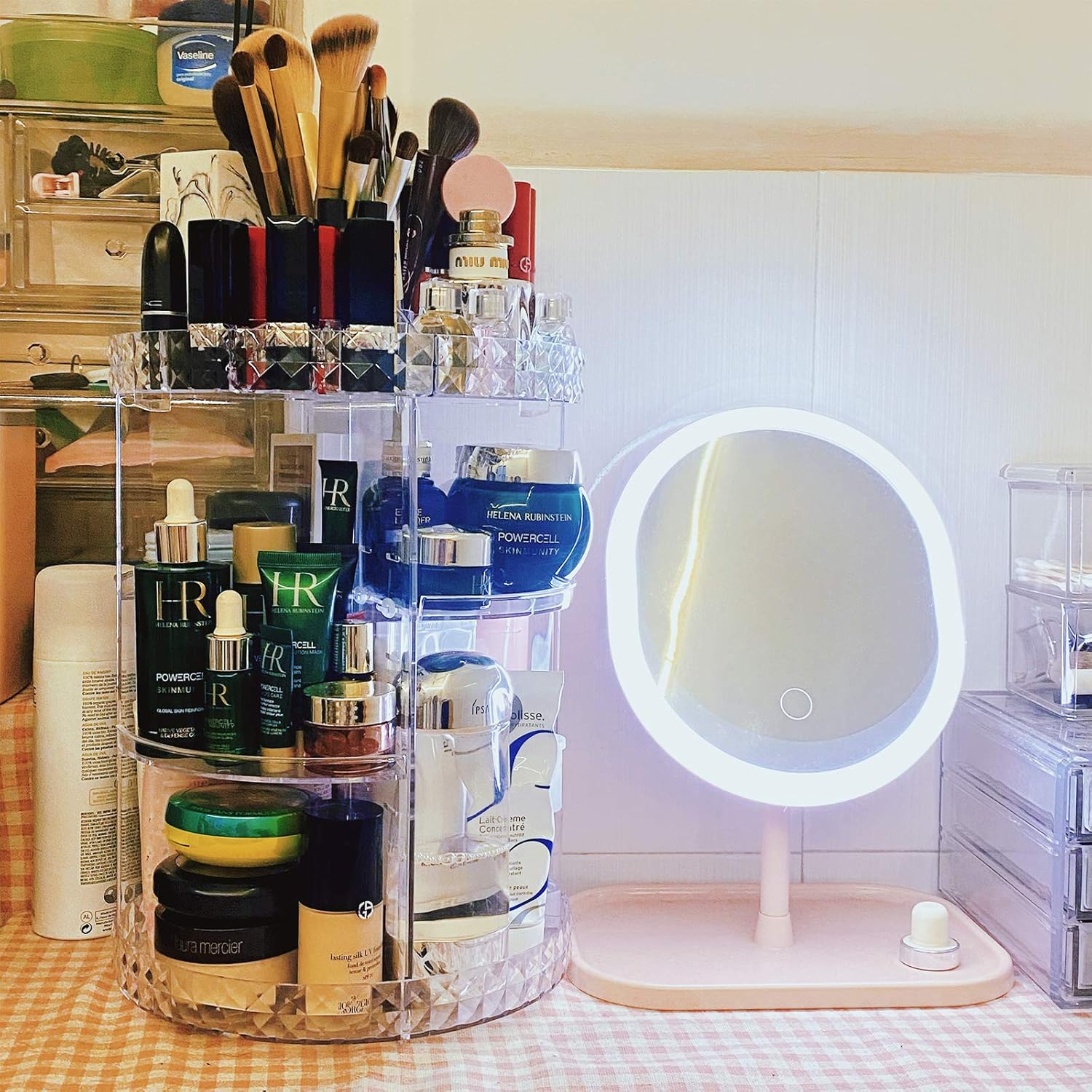 OurWarm 360 Rotating Makeup Organizer, Large Capacity Cosmetic Organizer Storage with 4 Adjustable Trays & Makeup Brush Holder, Clear Acrylic Cosmetic Display Cases for Vanity Dresser Bathroom: Home Improvement