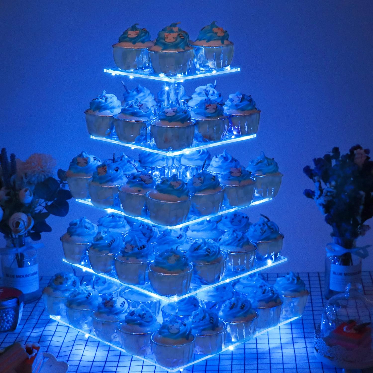 YestBuy 5 Tier Acrylic Cupcake Stand with LED Light for Birthday Parties and Events (Blue), 5 Tier Square - Image 3