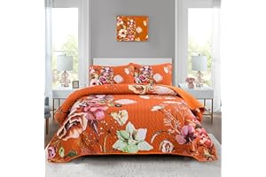 DRUCON Floral Quilt Set Queen Size 3 Pieces Terracotta Fall Quilt Coverlet Set Soft Microfiber Lightweight Quilted Bedspread for All Season