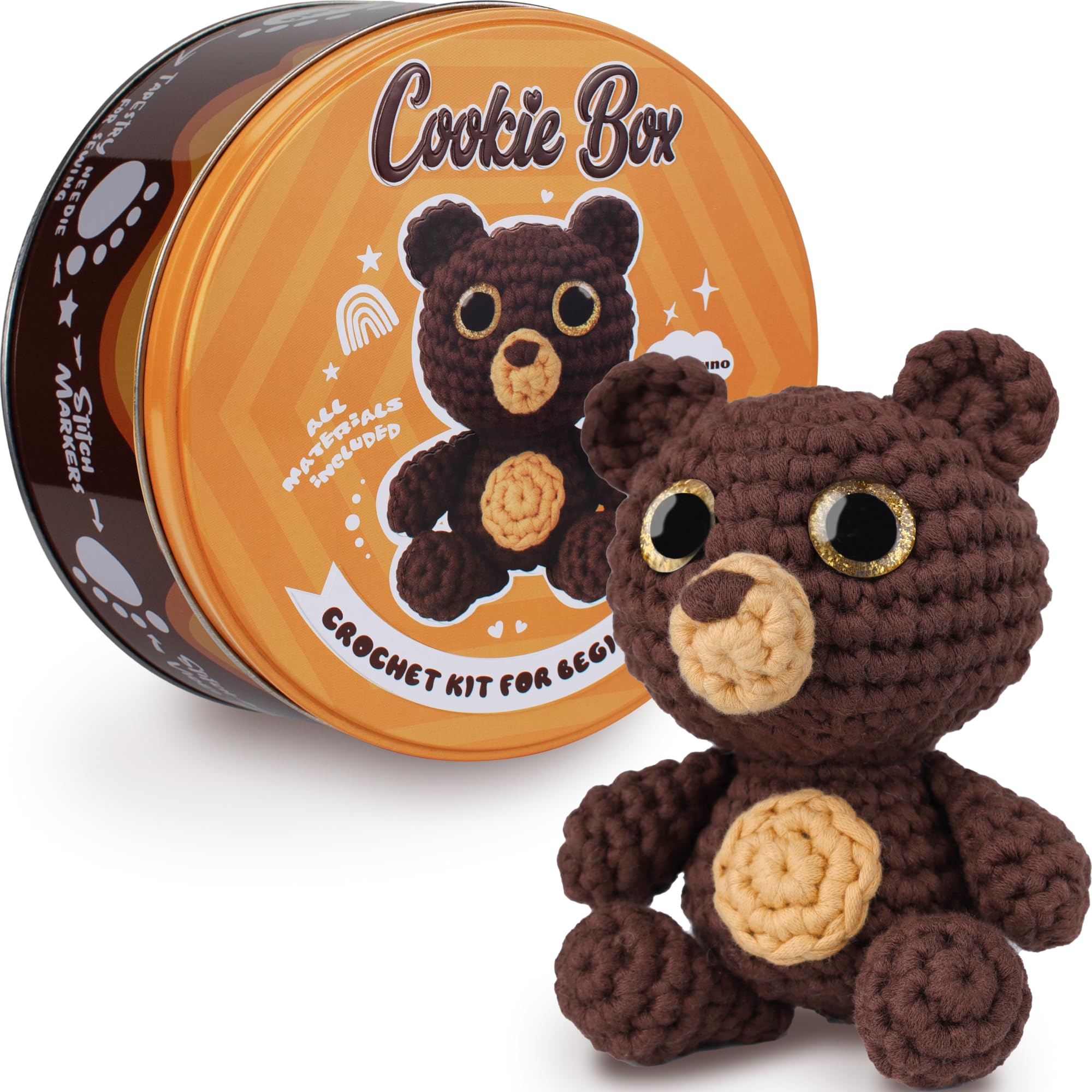 Cookie Box Original Crochet Kit for Beginners – Gift Set to Make Bear Bruno Amigurumi Plushie – Easy DIY Crochet & Knitting Starter Kit with Video and PDF Tutorials