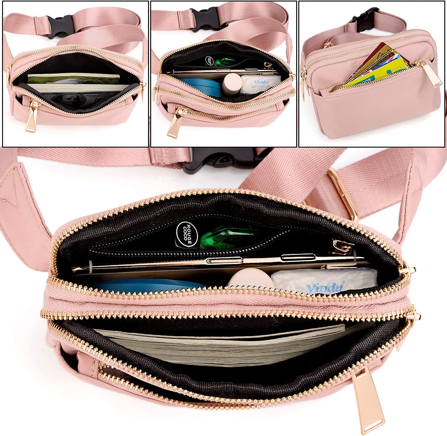 Bumbags for Ladies Sports Travel Fanny Pack Women Men Fashion Waist Packs Mother Mum Fits Mobile Phone Golden Zippers Waterproof Nylon by UTO Pink - Image 3