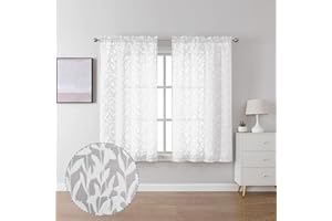 Lecloud Leia Short White Sheer Curtains 45 Inch Length 2 Panels, Balance Light & Privacy Clip Texture Small Window Curtain for Bedroom, Dual Rod Pockets Basement/Living Room/Kitchen Drapes, 38W x 45L