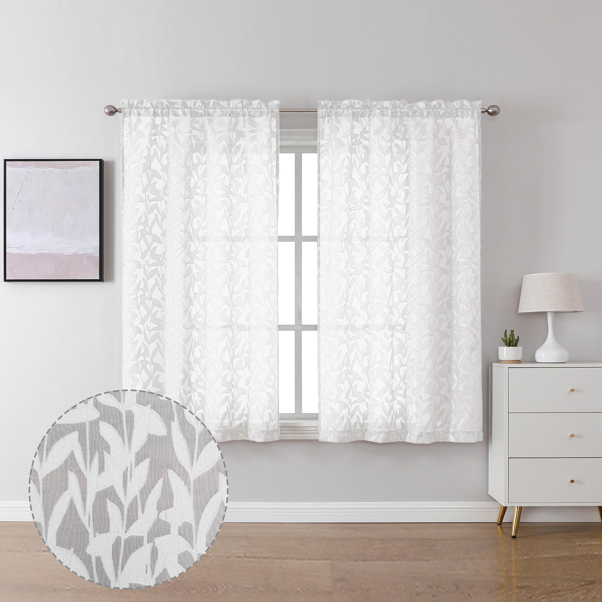 Photo 1 of Lecloud Leia Short White Sheer Curtains 45 Inch Length 2 Panels, Balance Light & Privacy Clip Texture Small Window Curtain for Bedroom, Dual Rod Pockets Basement/Living Room/Kitchen Drapes, 38W x 45L