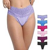 WKFIINM Pack 6 High Waisted Lace Thong for Women Cotton Underwear Plus Size High Rise Retro Tummy Control Thongs Panties