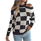 MakeMeChic Women's Plaid Sweater Cold Shoulder Crew Neck Long Sleeve Pullover Tops