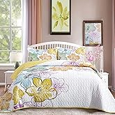 DJY 3 Pieces Quilt Set Queen Size Yellow Floral Pattern, Colourful Floral Bedspread Set Bohemia Reversible Bedding Set Microfiber Lightweight Bedspread Coverlet Set for All Season 104"x90"
