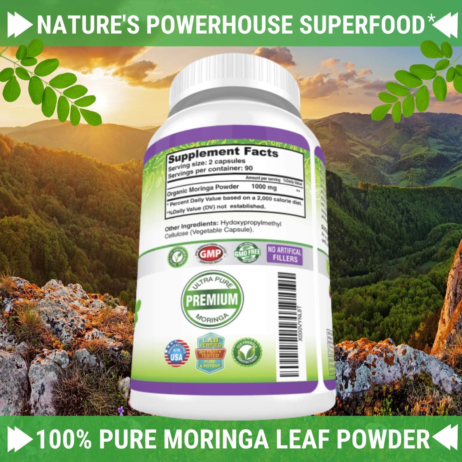 Moringa Oleifera 180 Capsules – 100% Pure Leaf Powder - Max 1000mg Per Serving - Complete Green Superfood Supplement - Full 3 Month Supply - Pure Miracle Tree Moringa Super Greens Powder Vegan Caps: Health & Personal Care