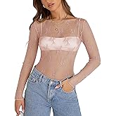 KTILG Womens Lace Long Sleeve Boat Neck Tops Sheer Blouse Sexy See Through Shirt Mesh Top S-XXL