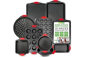 NutriChef Premium 10-Piece Bakeware Set - Flexible Nonstick Carbon Steel, Stylish Red Silicone Handles, Oven Safe Up to 450°F, Dishwasher Safe, Ideal for Baking Cakes, Muffins & More
