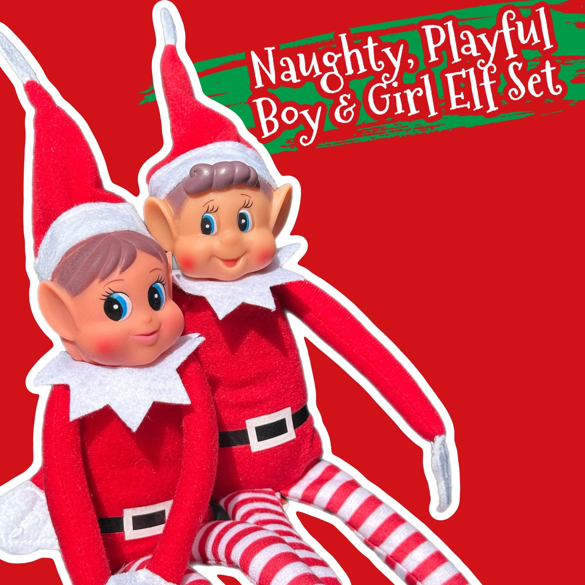 Elfie (Boy) and Elvie (Girl) Set Fun and Playful Elves Behavin' Badly Figure with Soft Body and Vinyl Face-Set of 2, Red