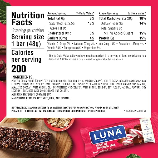 LUNA BAR – CHOCOLATE PEPPERMINT STICK FLAVOR – GLUTEN FREE SNACK BARS – NON-GMO – PROTEIN BARS – MADE WITH ORGANIC OATS – VALUE PACK (12 PACK)