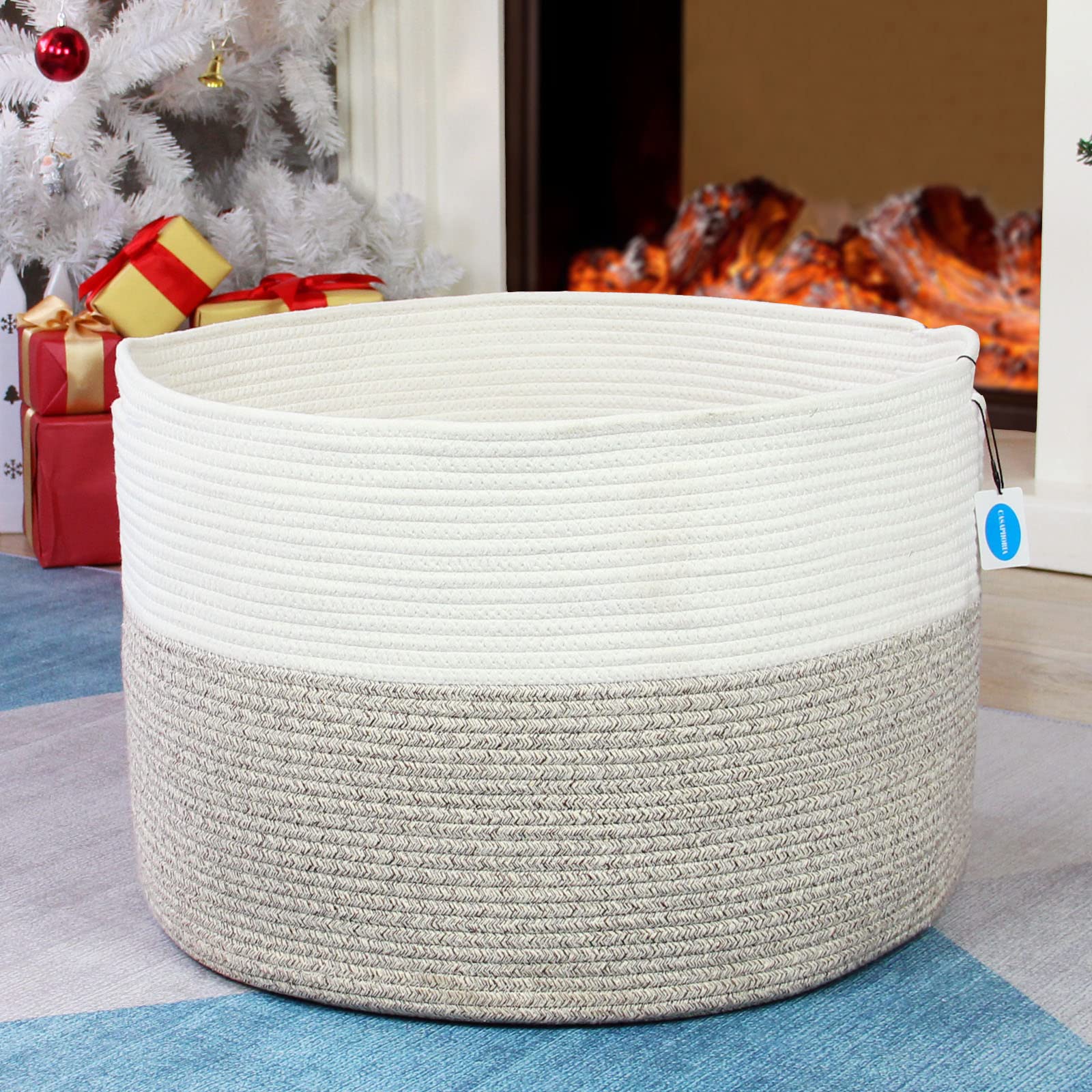 Casaphoria XXXLarge Cotton Rope Basket for Living Room - Woven Storage Basket with Handle for Blankets, Towels and Pillows Laundry Hamper | White and Brown (22