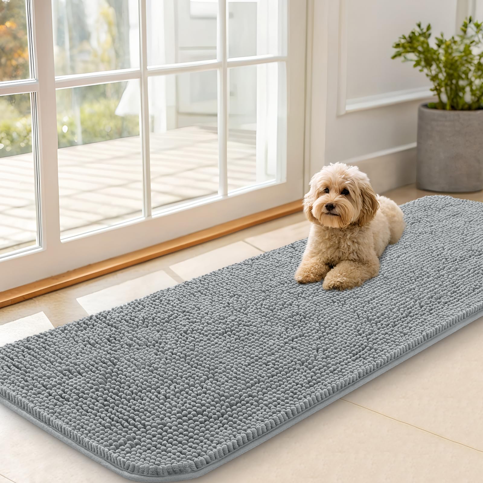 Photo 1 of OLANLY Dog Door Mat for Muddy Paws 59x20, Absorbs Moisture and Dirt, Absorbent Non-Slip Washable Doormat, Quick Dry Chenille Mud Mat for Dogs, Entry Indoor Entryway Carpet for Inside Floor, Grey
