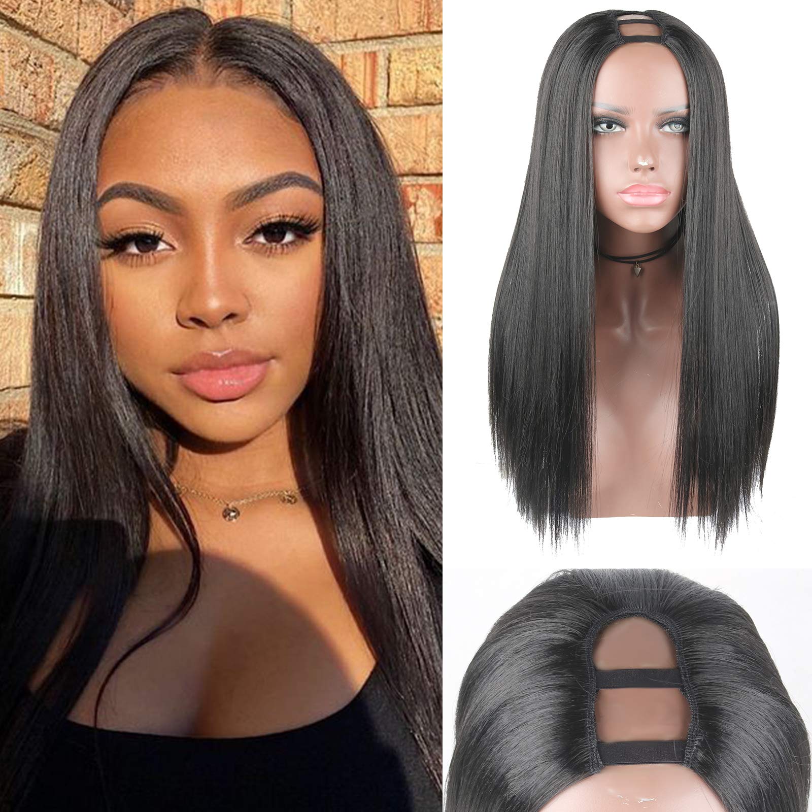KRSI Body Wave U Part Wig for Women - 1.5''x 3.5'' U Shape Glueless Natural Black Full Head Hair Extension Clip in Synthetic Half Wig 24 Inch (6681)
