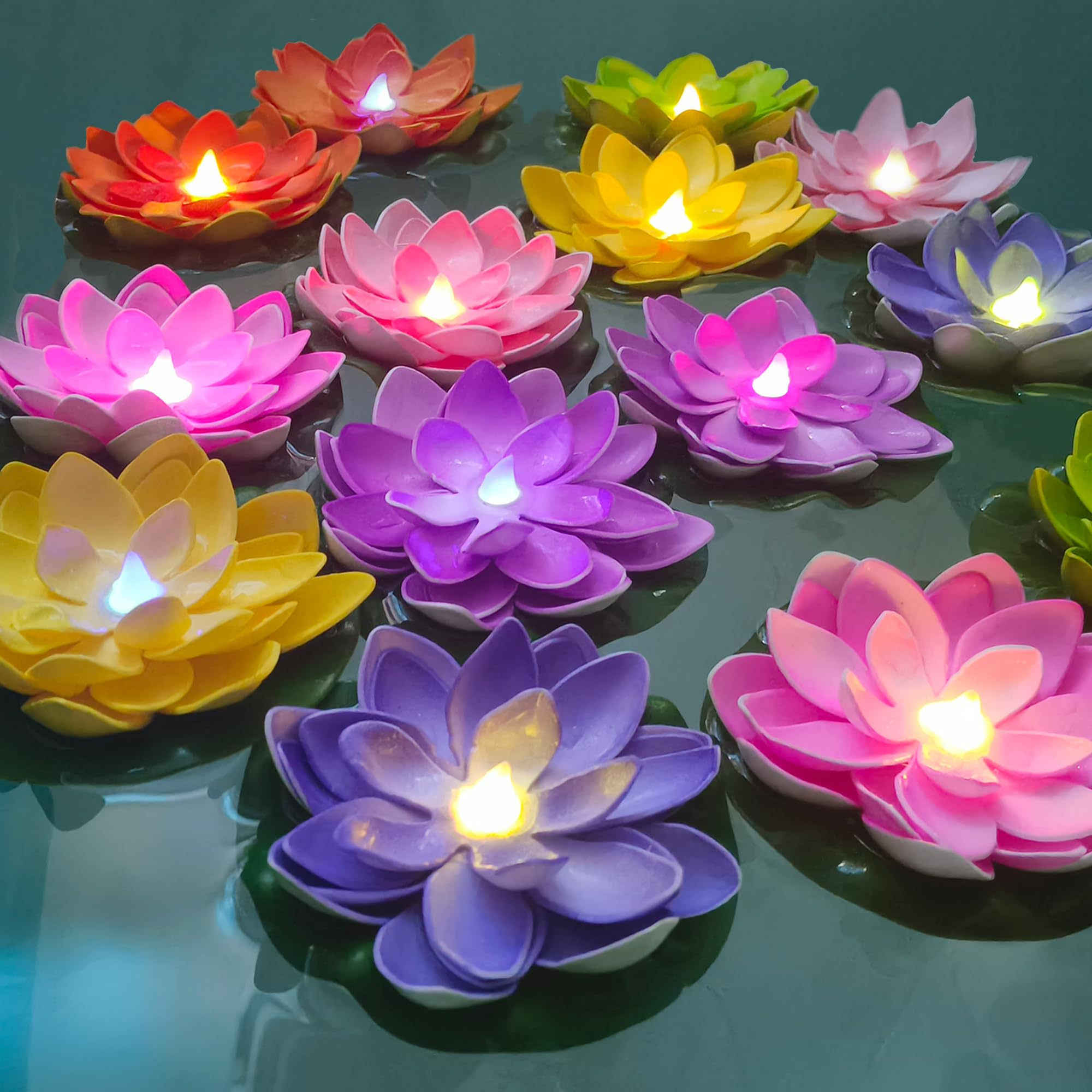 Photo 1 of 14 PCS Diwali Waterproof Floating Lotus Light - Floating Flower Light Battery Operated Water Activated Muiti-Color RGB Pool Flower Lamp Wedding,Anniversary,Garden Decoration